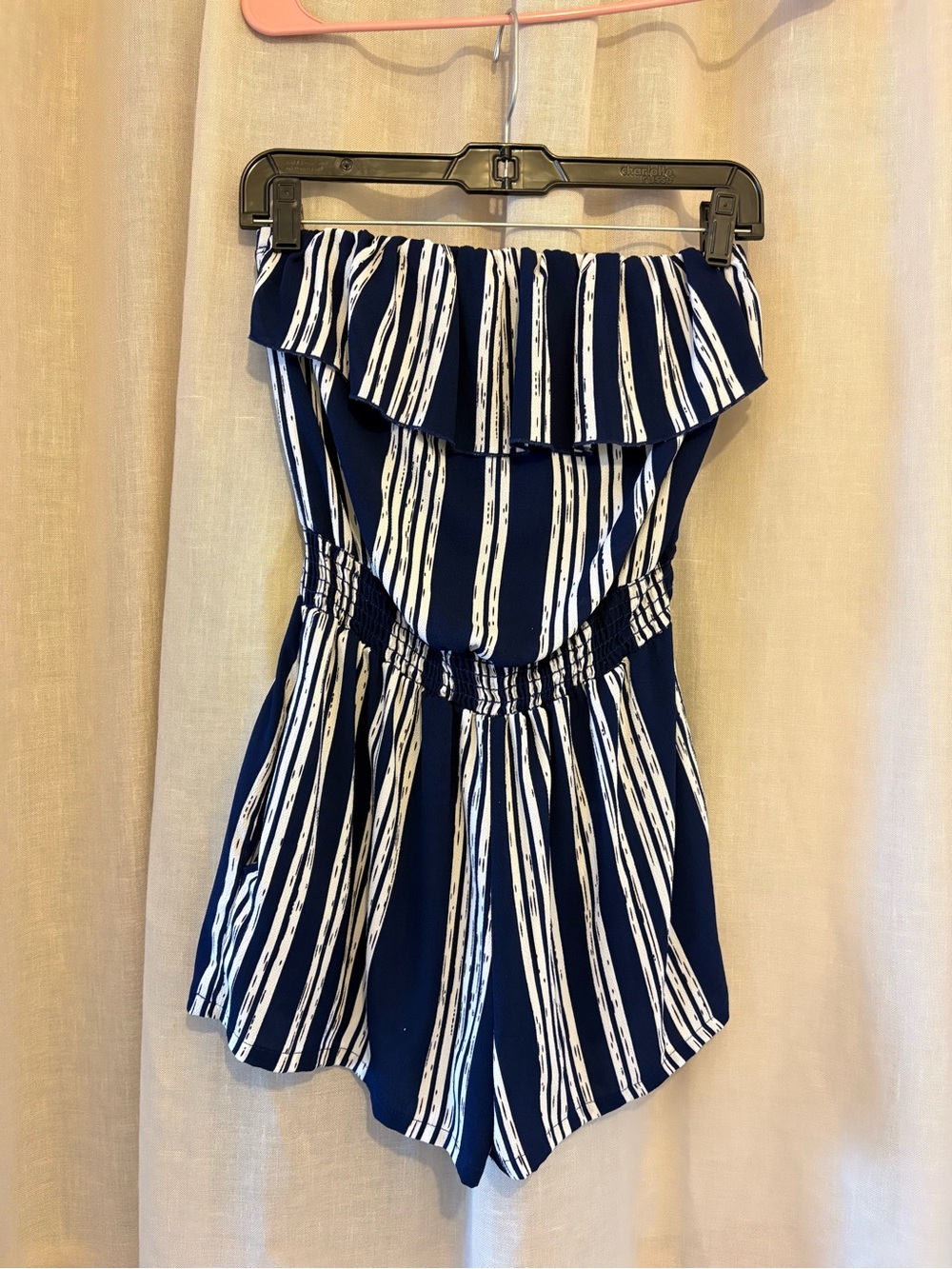 Navy Vertical Stripe Strapless Ruffle Romper